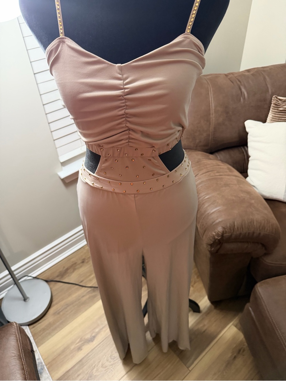 Weissman Taupe Studded Cutout Wide-Leg Jumpsuit